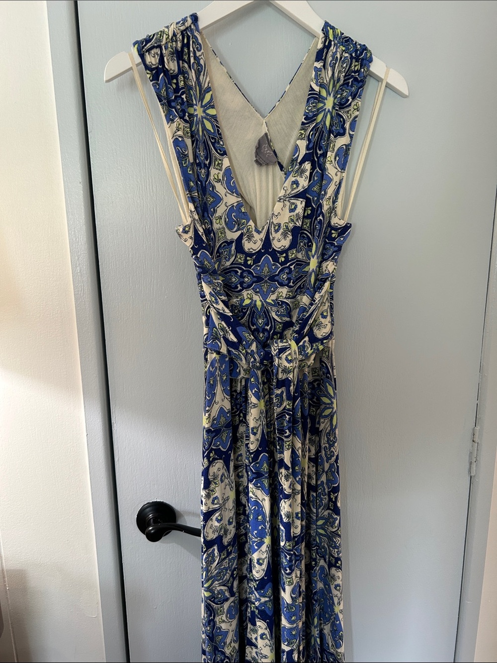 Anthropologie -Vanessa Virginia, Blue,White & Lime Paisley-Print Maxi Sundress.